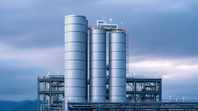 Industrial Silos with Metallic Exterior Against Dramatic Sky, Reflecting Modern Architecture and Technology in Industrial Sector Storage Solutions