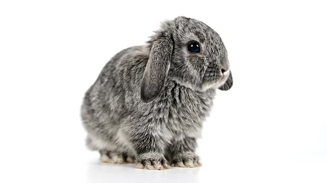 A fluffy, gray rabbit with floppy ears sits against a plain white background, looking forward