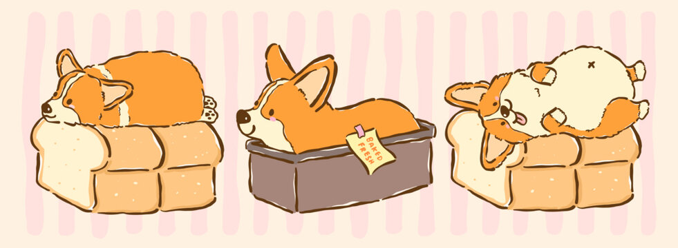 Cute kawaii corgi bread loaf bakery theme set whimsical hand drawn cartoon doodle collection