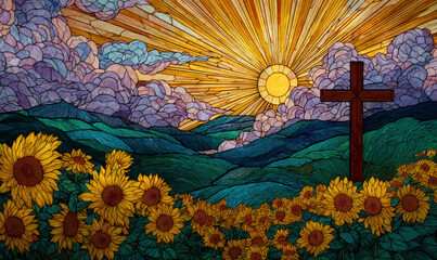 Stained Glass Cross and Sunflowers Landscape – AI Generative