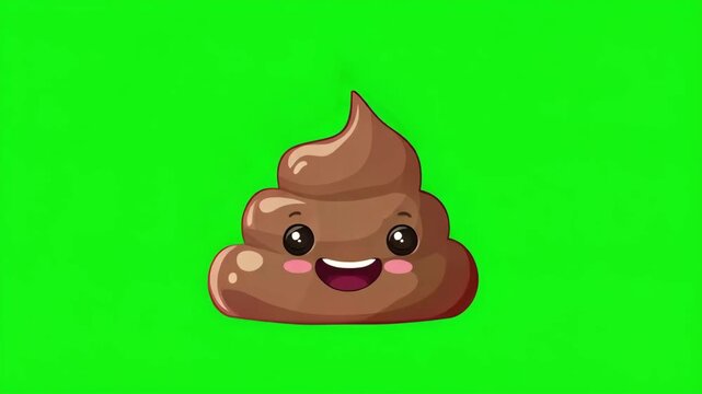 Funny poop emoji cartoon smiling face bouncing on empty green screen background, emoticon animation chroma key green background