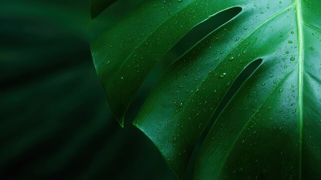 Close up of a vibrant green Monstera leaf with natural water droplets, soft sunlight, high resolution texture
