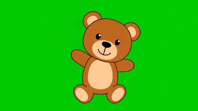 A cute cartoon-style teddy bear with a light brown body and limbs, round head, small black eyes, a black nose, and a smiling mouth against a green backdrop