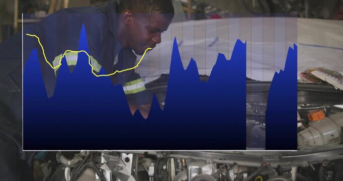 Mechanic leaning over open hood, reacting to translucent chart while inspecting engine for repair