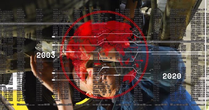 Auto mechanic checking underbody while vehicle rising turning bolts timeline growing tech joining