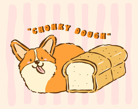 Cute kawaii corgi sploot next to loaf bread whimsical hand drawn cartoon doodle