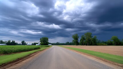 Fototapeta premium Scenic rural road under dramatic stormy sky with dark clouds, lush green fields, and distant trees prime for capturing nature's beauty and tranquility
