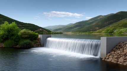 Serene Waterfall Over a Concrete Weir Surrounded by Lush Green Hills and a Clear Blue Sky in a Picturesque Natural Landscape