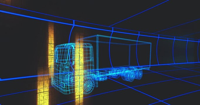 Cyan wireframe truck staying still on timed pulses while golden columns rising highlighting trailer