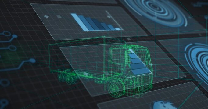HUD panels sliding in, green wireframe truck static, blue triangle settling, displaying diagnostics