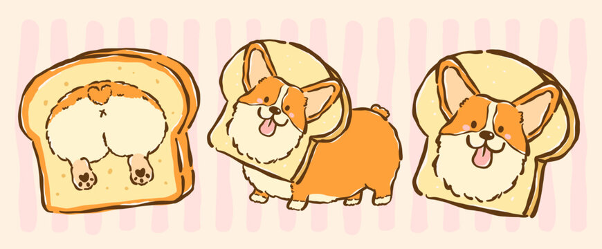 Kawaii corgi bread loaf in paper bag set whimsical hand drawn cartoon doodle