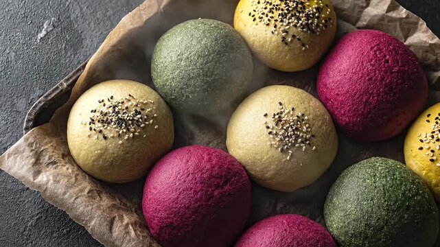 A close-up shot features a delightful assortment of freshly baked, vibrant buns resting on crumpled parchment paper within a rustic baking tray. These visually appealing, naturally colored bread rolls