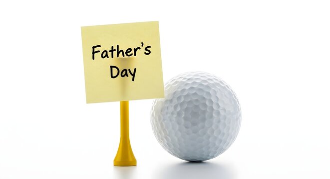 A golf ball and yellow tee with a fathers day sign on a white background for a fun celebration