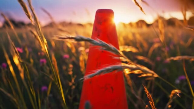 Bright orange traffic cone positioned among wildflowers in a sunlit field, with golden sunlight illuminating the scene and creating a warm atmosphere