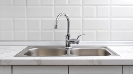 Fototapeta premium Modern stainless steel kitchen sink with sleek faucet design and elegant countertop surrounded by white textured wall tiles for contemporary interiors