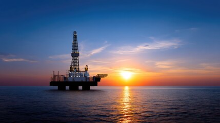 Fototapeta premium Oil drilling platform in ocean at sunset with dramatic sky and reflections, showcasing energy industry and offshore exploration in vibrant colors