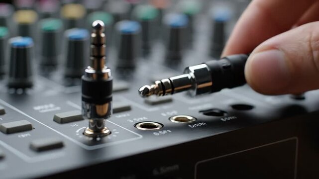 Close-up hand plugging headphone jack into professional audio mixer