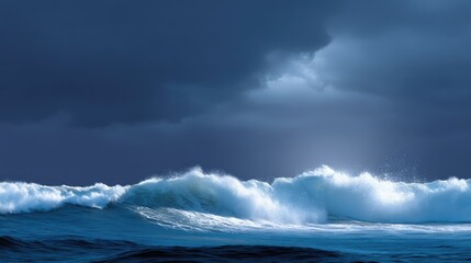Fototapeta premium Dramatic Dark Ocean Waves with Cloudy Sky at Dusk, Creating a Mysterious and Powerful Atmosphere over the Deep Blue Waters