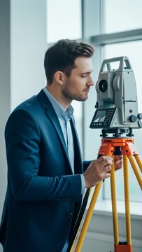 Surveyor in Suit Operating Total Station Device for Precise Measurement