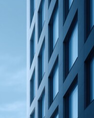 Fototapeta premium Exterior of a minimalist building with repetitive window patterns, blue sky reflection
