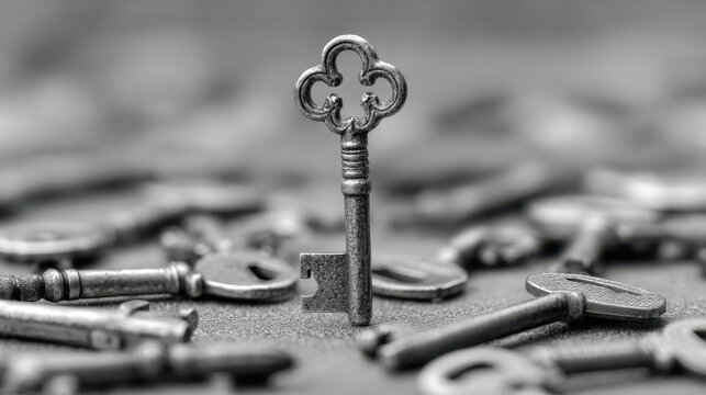 Antique ornate key standing upright among a scattered collection of vintage skeleton keys symbolizing mystery and discovery in monochrome tones