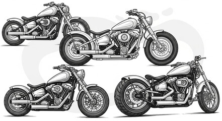 Collection of detailed custom motorcycle illustrations in black and white. © Ahmadhadik