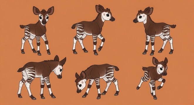 Group of six cute, stylized baby okapis displayed in various poses against a solid background
