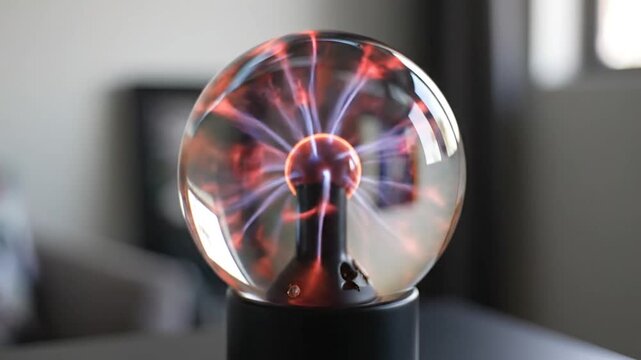 Close up of an illuminated plasma ball showing electric discharges