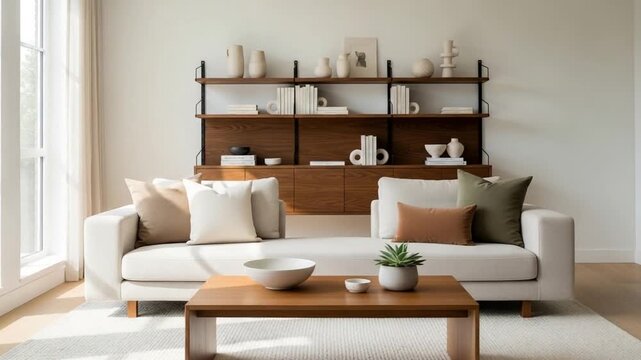 Sunlit modern living room interior with beige sofa and wooden coffee table