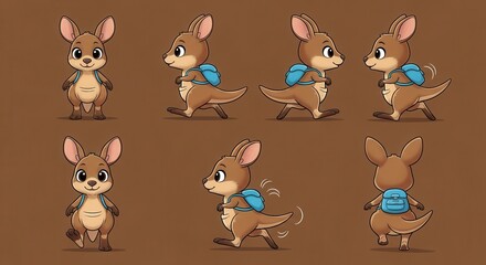 Cartoon marsupial character sprites display various walking poses with a satchel