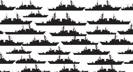 Grid of twenty-five naval warship silhouettes in uniform rows, showcasing destroyer and frigate profiles with radar masts, turrets, and military design elements for recognition and pattern use. © iTZ mE