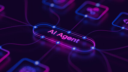 Naklejka premium AI agentic workflow automation artificial intelligence agent software interface nodes triggers data tool dashboard coding icon flow process database technology 3d rendering.