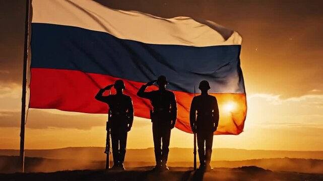 Patriotic soldiers saluting with flag at sunset for national pride