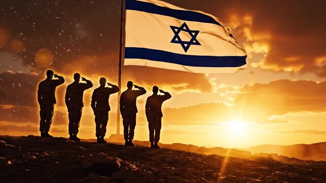 Patriotic Soldiers Saluting with Israeli Flag during Sunset