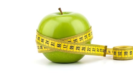 A green apple wrapped with a yellow measuring tape on a white background