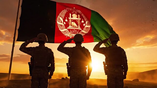 Silhouetted soldiers saluting at sunset with Afghan flag