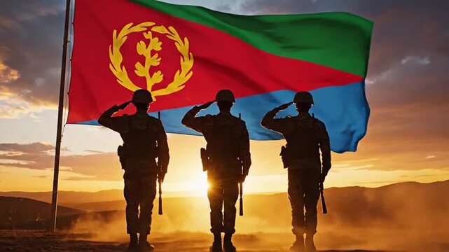 Soldiers Raising Flag at Sunset in Ethiopia
