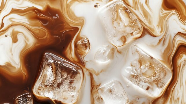 Abstract macro of iced coffee with milk swirl and melting ice cubes