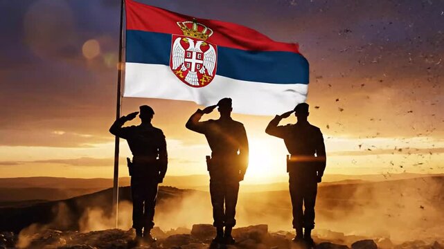 Serbian soldiers saluting with national flag at sunset
