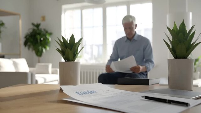 明るい朝のデスクに置かれた、ぼかし処理されたグラフ入り医療書類を確認する中高年のシーン。
人物は静かにうなずき、安心と自己管理の意識を表現します。
クリーンでニュートラルな室内と自然光が信頼感を演出。
広い余白があり、予防医療や保険広告に適した構図です。