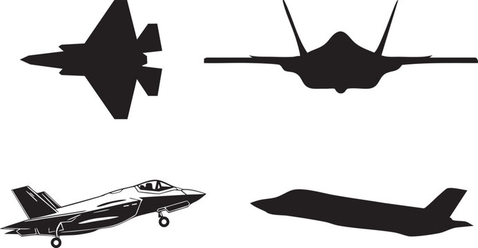 F-35 Lightning II Stealth Fighter Military Combat Jet Silhouette Vector Set &ndash; EPS10 Isolated on Transparent Background