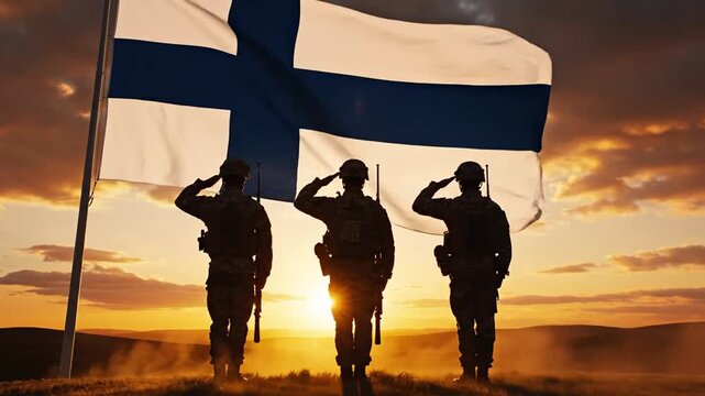 Soldiers Saluting with Finnish Flag at Sunset in Military Scene