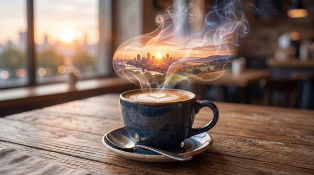 A cup of coffee on a wooden table with steam forming a surreal landscape of a city skyline and countryside at sunrise, symbolizing imagination, inspiration, and morning energy in a cozy cafe.