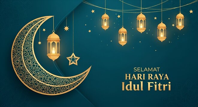 Elegant ramadan kareem and hari raya aidilfitri celebration with golden crescent moon and lanterns