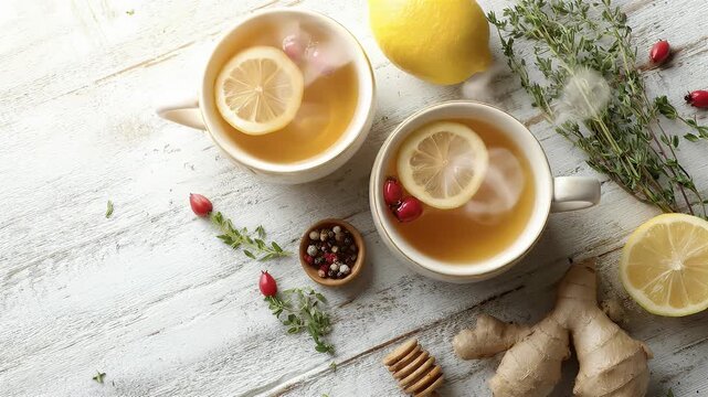 A serene, top-down view captures two steaming mugs of comforting herbal tea, each adorned with a fresh lemon slice and vibrant red berries, gently releasing warmth into the crisp air. Surrounding the 