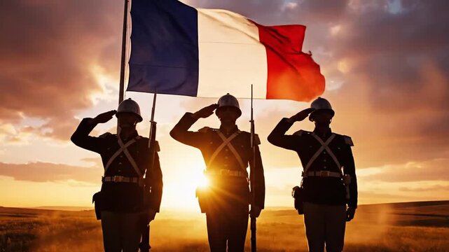 Soldiers Saluting with French Flag at Sunset