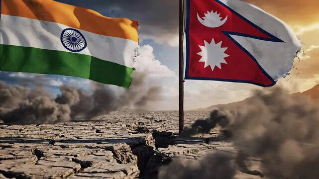 Flags of India and Nepal Flapping Amid Volcanic Activity