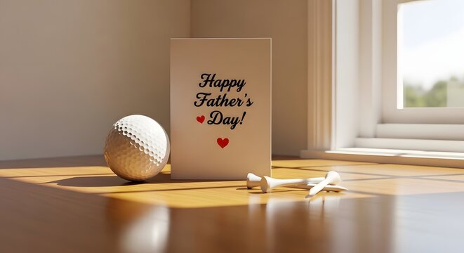 Happy fathers day card with cricket ball and bat on wooden table by window