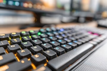 Fototapeta premium Close-up of a gaming keyboard with backlit keys in various colors, placed on a desk with a blurred monitor in the background creating a dynamic technological atmosphere.