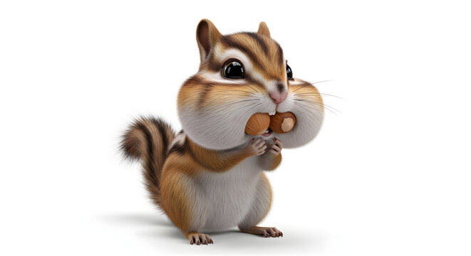 Adorable chipmunk with full cheeks holding a nut isolated on white background.